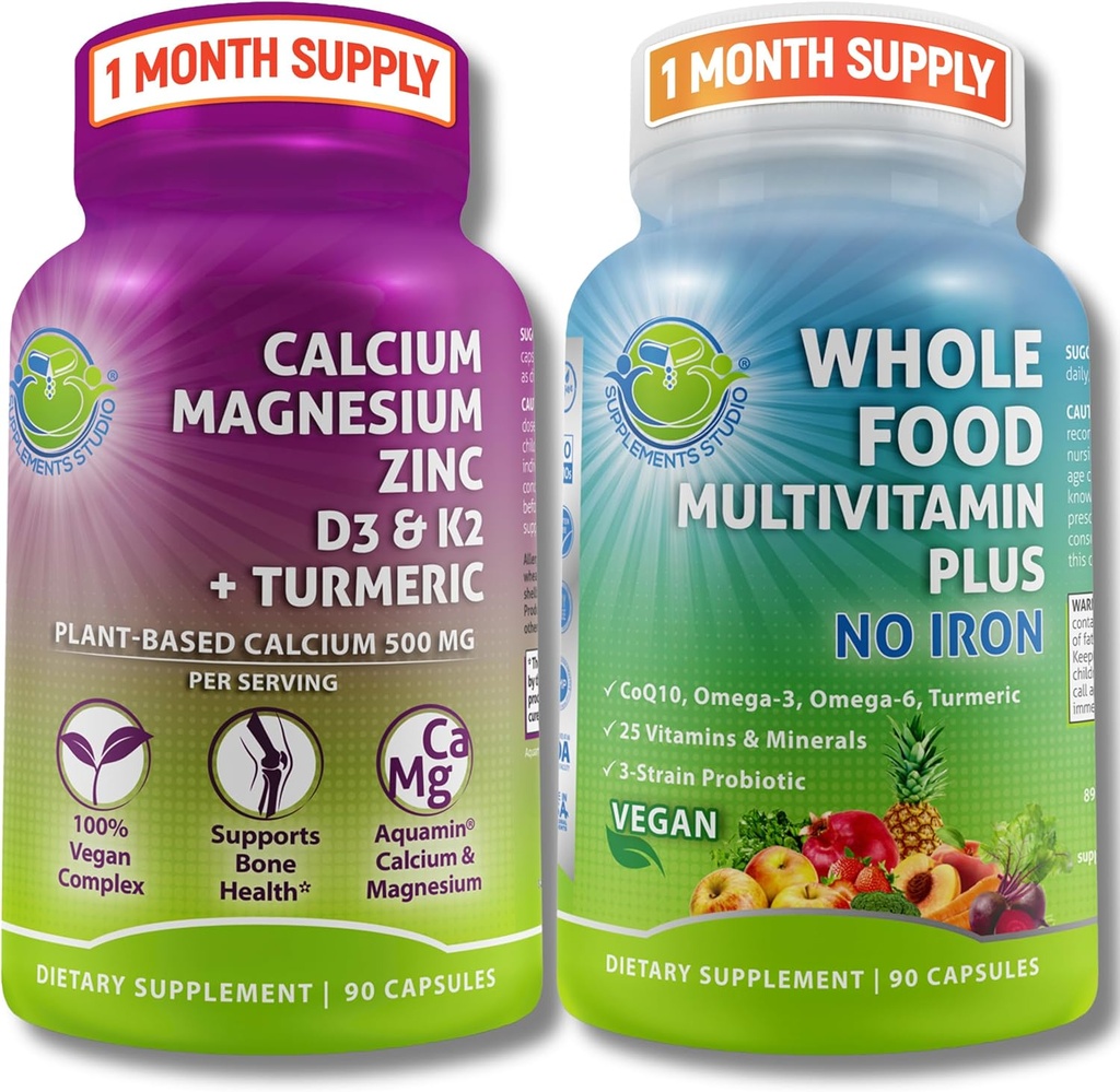 TILLÆG STUDIO Daglig immunforsvar, ben & energistøtte Duo for mænd og kvinder - Vegansk hel mad Multivitamin uden jern & plant- baseret calcium Magnesium med D3, K2 & gurkemeje - Vegan, Non- GMO