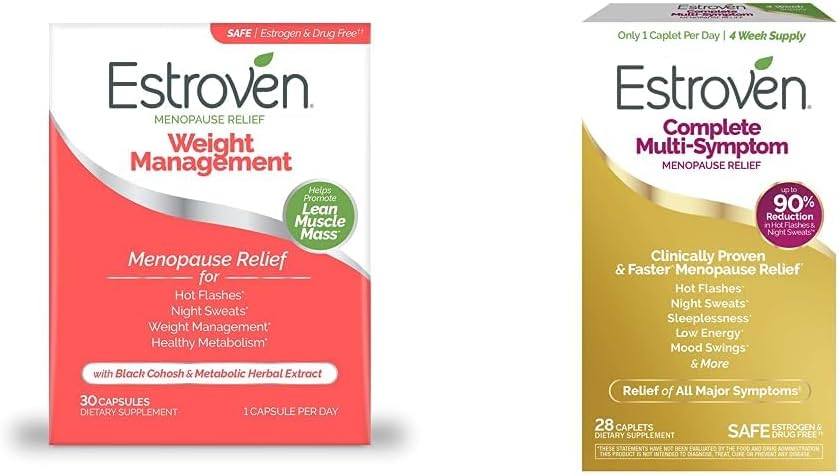 Estroven Weight Management for Menopause Relief, Give Night Sweats & Hot Flash Relief, 30 CT + Komplet Multisymptom Menopause supplement for kvinder, 28 CT, Drug- Free & Non- GMO