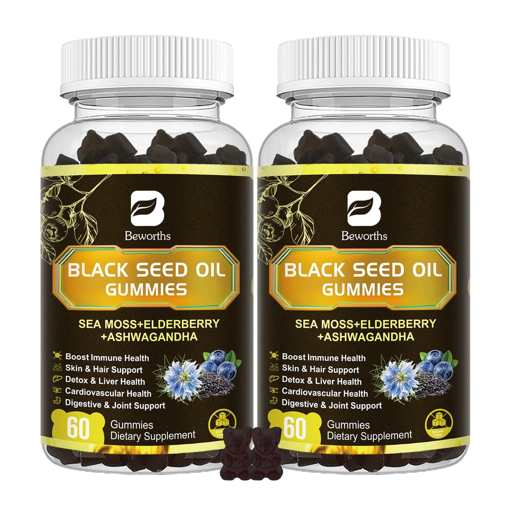 Black Seed Oil & Sea Moss Gummies, 2Pack Irish Sea Moss Gummies med Black Seed Oil, Ashwagandha Extract, Elderberry, gurkemeje, C-vitamin, D3-vitamin - immunforsvar, joints, fordøjelse, hår & hud