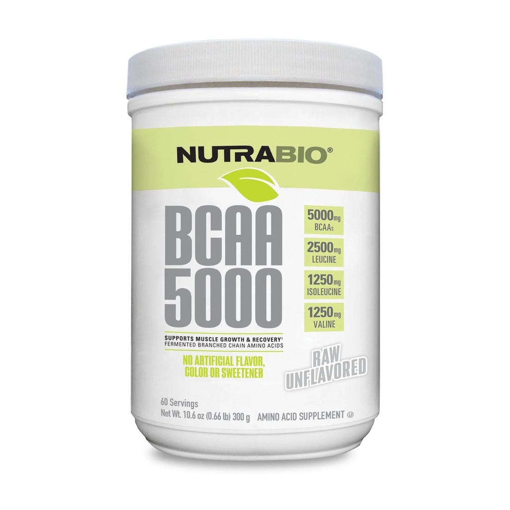 NutraBio BCAA 5000 Powder - Gæret forgrenet kæde Aminosyrer til muskelvækst & Inddrivelse - Naturlige smagsstoffer, sødestoffer og farve, Vegan, Gluten Free - Unflavored, 60 Servere