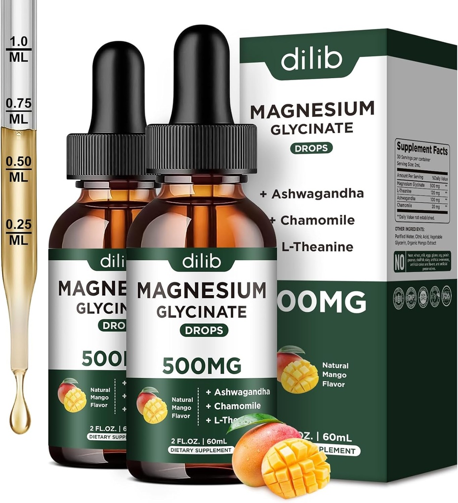Magnesium Glycinate Liquid Drops Supplement, med Magnesium Glycinate 500mg Ashwagandha, L - Theanin, Kamille -Support Stress Relief, Ben, Muscle, Mood Mango Flavor 2Pack