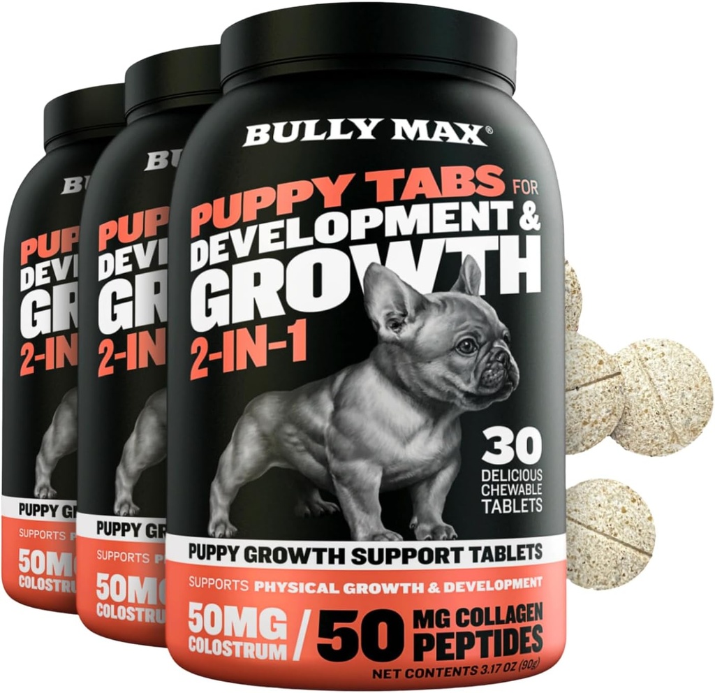 Bully Max 2-in-1 Puppy Vitaminer - 30 tyggetabletter til vækst og udvikling af hvalpe - Multivitamin Treatings & essentielle hunde kosttilskud til små hunde & store Breed Growing Pups - 3 flasker
