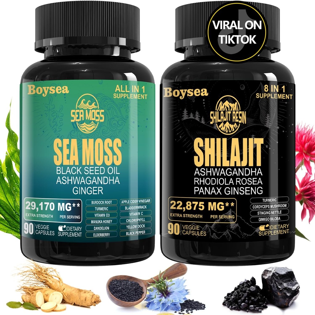 Geloo Superfood Supplement Bundle - 90 Count Sea Moss Kapsler (Sea Moss, Black Seed Oil) & 90 Count Pure Shilajit Kapsler (Shilajit, Ashwagandha) -1 Pack