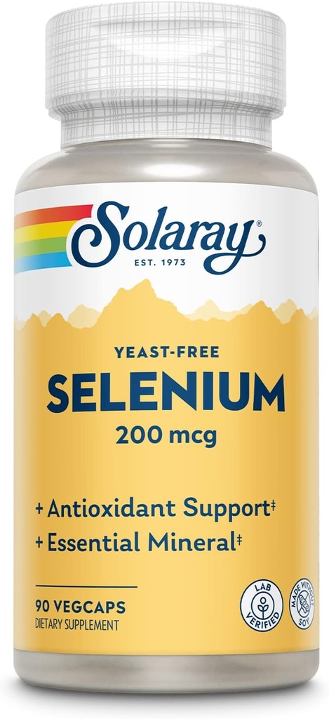 Solaray Yeast Free Selenium 200mcg, Selenium kapsler til sund thyreoideafunktion & immunstøtte, Høj Absorption Supplement, Vegan, 90 Servere, 90 VegCaps