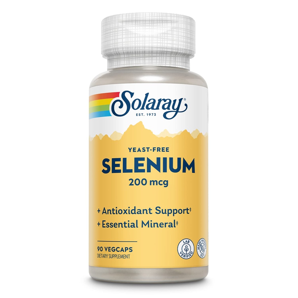 Solaray Yeast Free Selenium 200mcg, Selenium kapsler til sund thyreoideafunktion & immunstøtte, Høj Absorption Supplement, Vegan, 90 Servere, 90 VegCaps