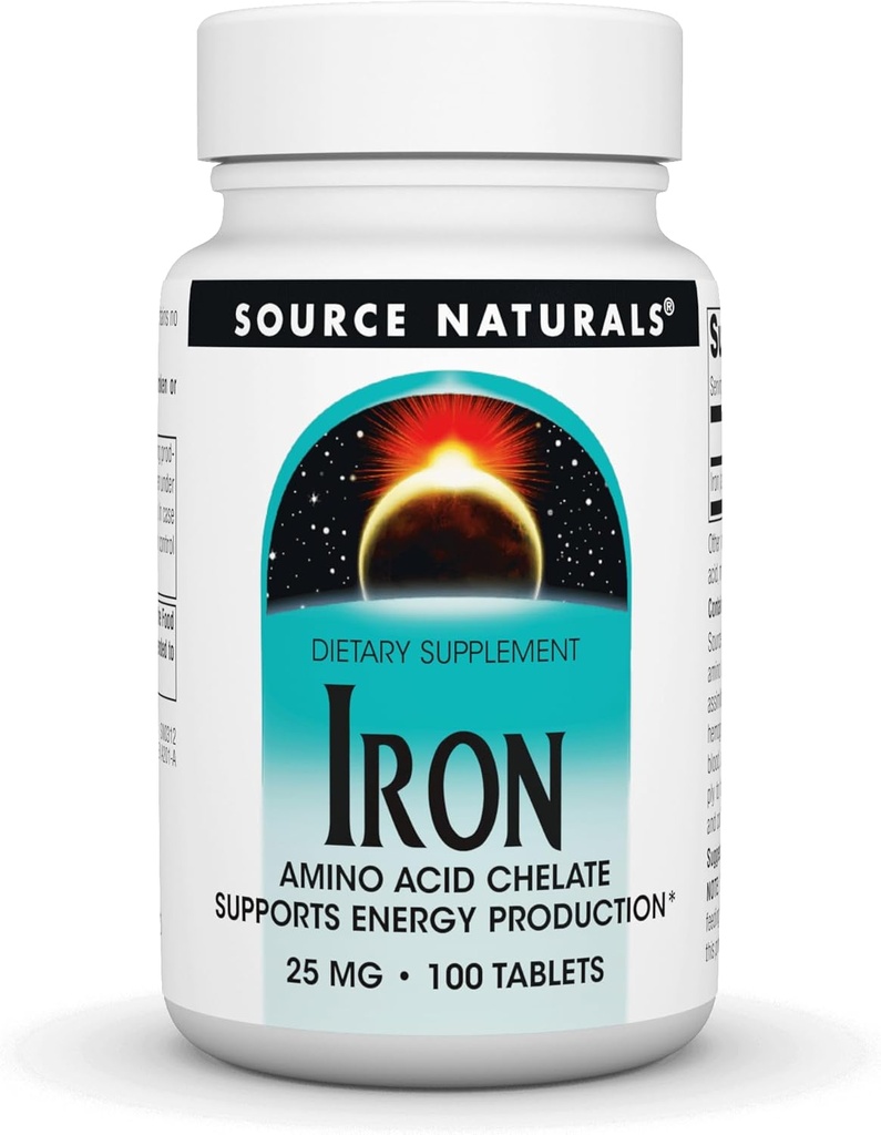Source Naturals Iron, Aminosyrechelat - Kosttilskud, der understøtter energiproduktion - 100 tabletter