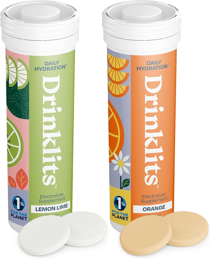 Drinklits Lemon- Lime & Orange Electrolyte Tablets (2) Tube Bundle Deal 124; Citrus Daily Hydration Combo Pack C124; Lækker Natural Flavors - 0g Sugar - Daily Use C124; 20 Servering - 10 tabletter Per Tube