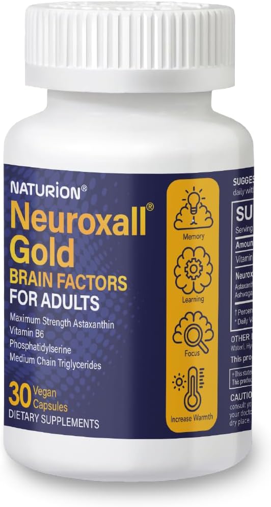 Neuroxall Gold Brain Faktorer for voksne - Kognitiv & Mental Wellness Support med vitamin B6, Astaxanthin, Ginkgo Biloba, Ashwagandha & gurkemeje & - 30 Veganske kapsler, 30 dages forsyning