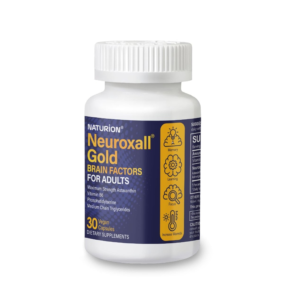 Neuroxall Gold Brain Faktorer for voksne - Kognitiv & Mental Wellness Support med vitamin B6, Astaxanthin, Ginkgo Biloba, Ashwagandha & gurkemeje & - 30 Veganske kapsler, 30 dages forsyning