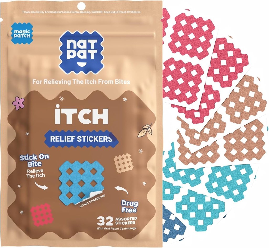 NATPAT Magic Patch Itch Relief Stickers - Insect Bite Patch for Mosquitos, Ticks, Midges, Sandflies, og Bed Bug Bites - Buzzpatch - 32 Greve