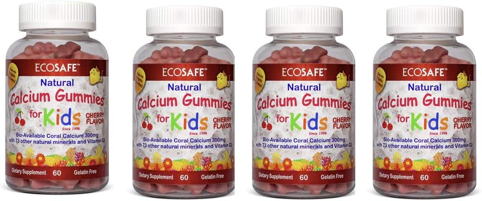 Coral Calcium Vitamin D3 Kids Gummy, Natural Cherry Flavor, Non GMO, Gluten- Free, Dairy- Free, Soy- Free and Gelatine Free - 300 mg Calcium, og 800 IE D3- 60 Gummies (4 Pack)