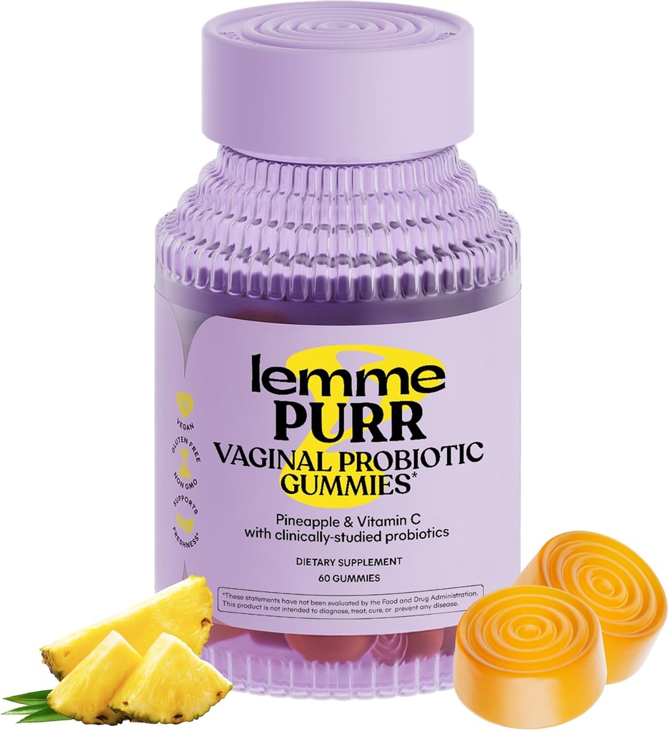 Lemme Purr Vaginal Probiotiske Gummies for Kvinder - Balanceret pH, sund lugt, Gær Balance & Flora Support + C-vitamin for immunsundhed - Tasty Ananas (60 Greve)