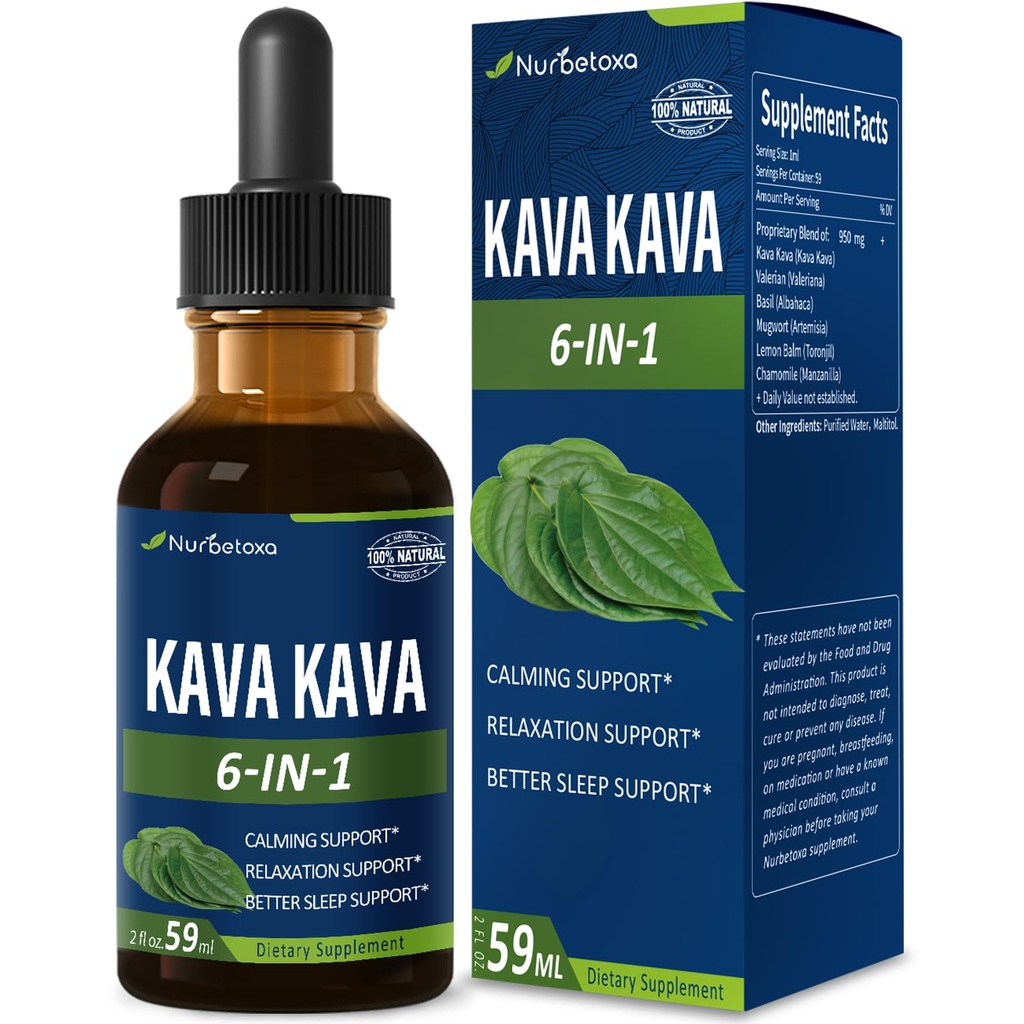 Kava Kava Root Extract Drops til Calming & Relaxation Support, Natural Herbal Blend Tincture supplement til bedre søvn Support med Valerian Root, Lemon Balm og Kamille. 2oz
