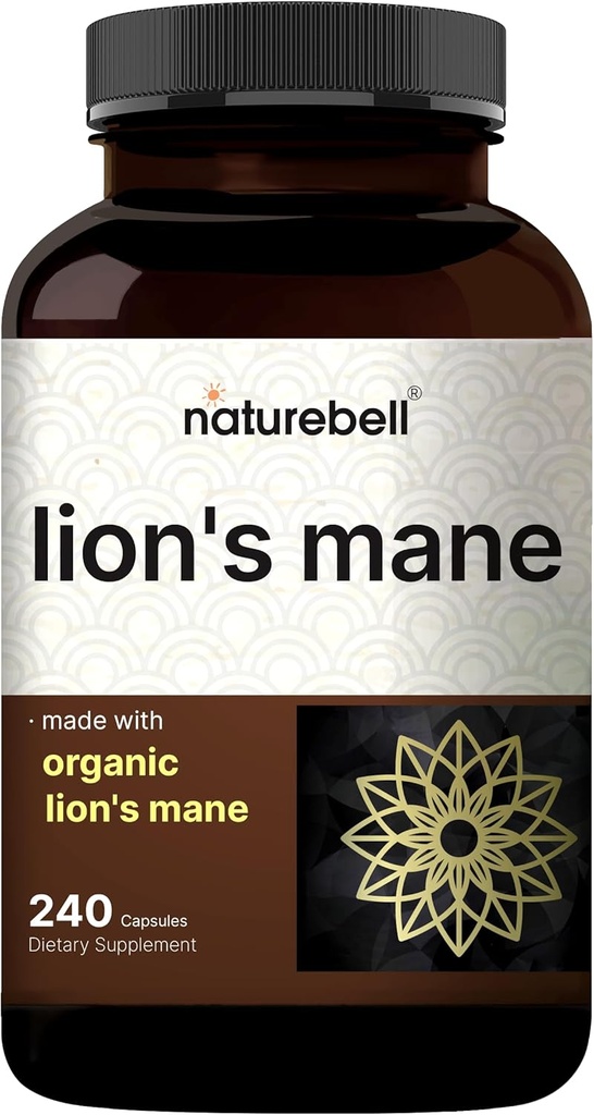 NatureBell Lions Mane Mushroom supplement kapsler, 240 Kapsler 124; 120 dages forsyning - Lavet med Organic Lions Mane Powder Extract - Kognitiv hjerne Nootrop & immunforsvar support - Non- GMO