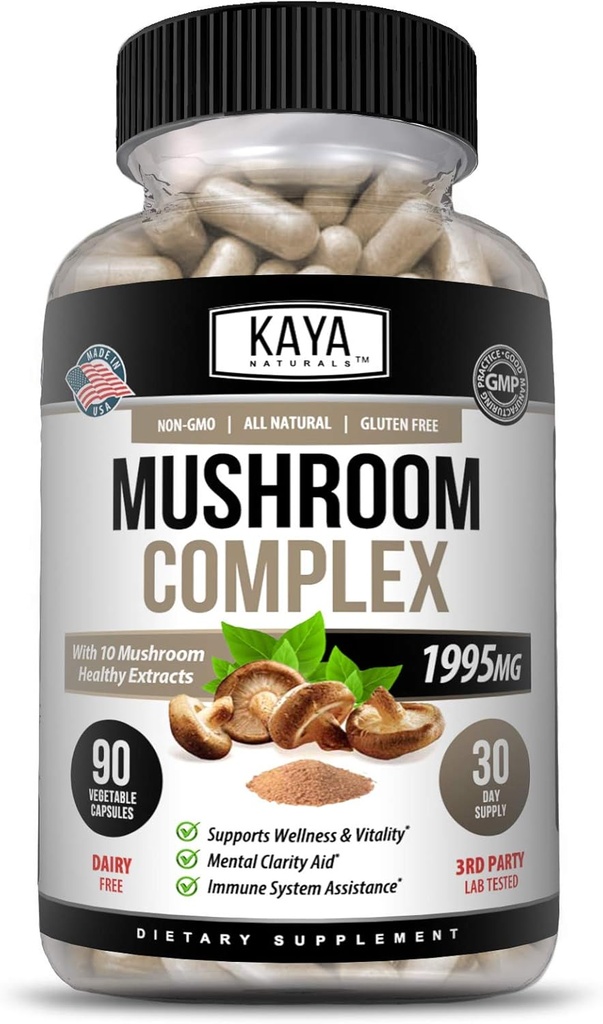 Kaya Naturals Premium Mushroom Complex Potent 1995mg Per Servering - Wellness Support - Non-GMO & Gluten- Free - 90 kapsler