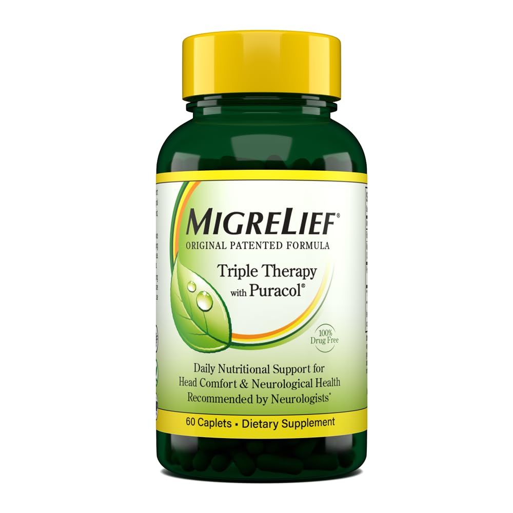 MigreLief Original Triple Terapi med Puracol - Nutritional Support til Migræne Lidere - 60 Caplets / 1 Måned Supply