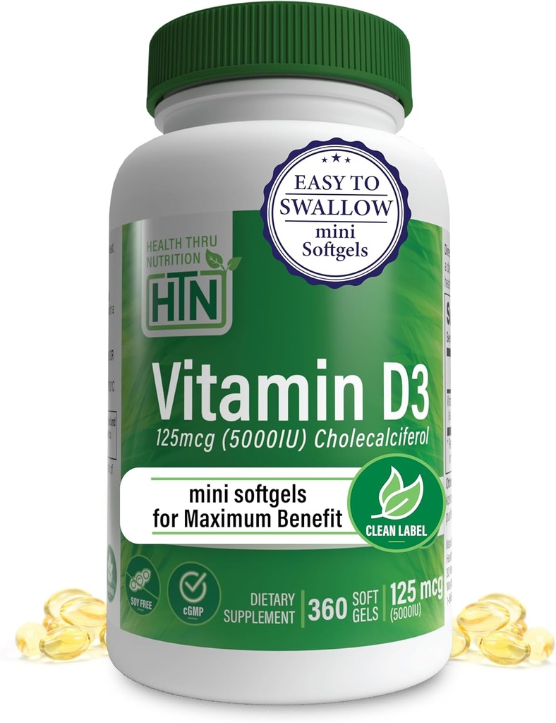 Health Thru Nutrition Vitamin D3 5000iu 360 Mini Softgels for Maximum Benefit Year Suppliance Grade i Organic EVOO Budd124; Immunforsvar Støtte