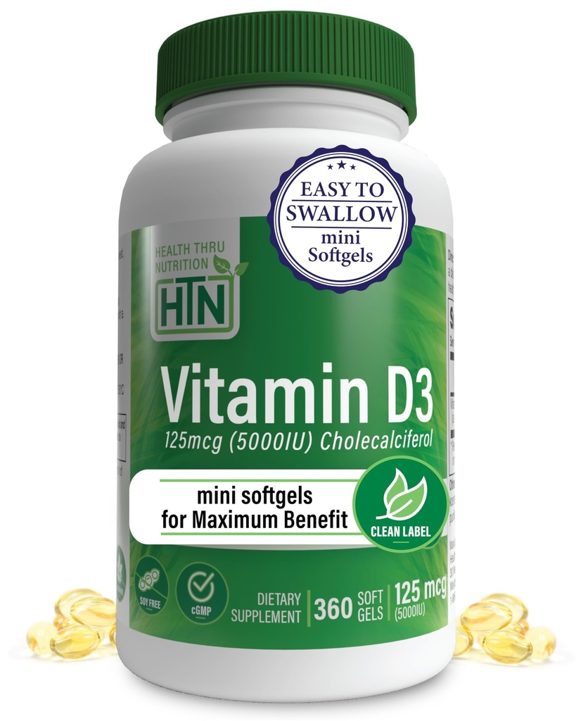 Health Thru Nutrition Vitamin D3 5000iu 360 Mini Softgels for Maximum Benefit Year Supply | 125mcg Cholecalciferol | 3rd Party Tested | Non-GMO USP Grade in Organic EVOO | Immune Health Support