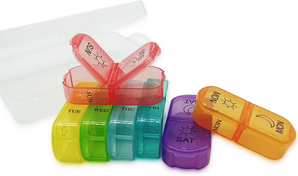 Rejse Pill Organizer 7-Dag for Purse Pocket, Daily Medicine Case Box med 14 Segment Weekly Meds Container Reminder Planner AM PM Hold Medicine, Vitamin, Supplement, Fish Oil, Farverige
