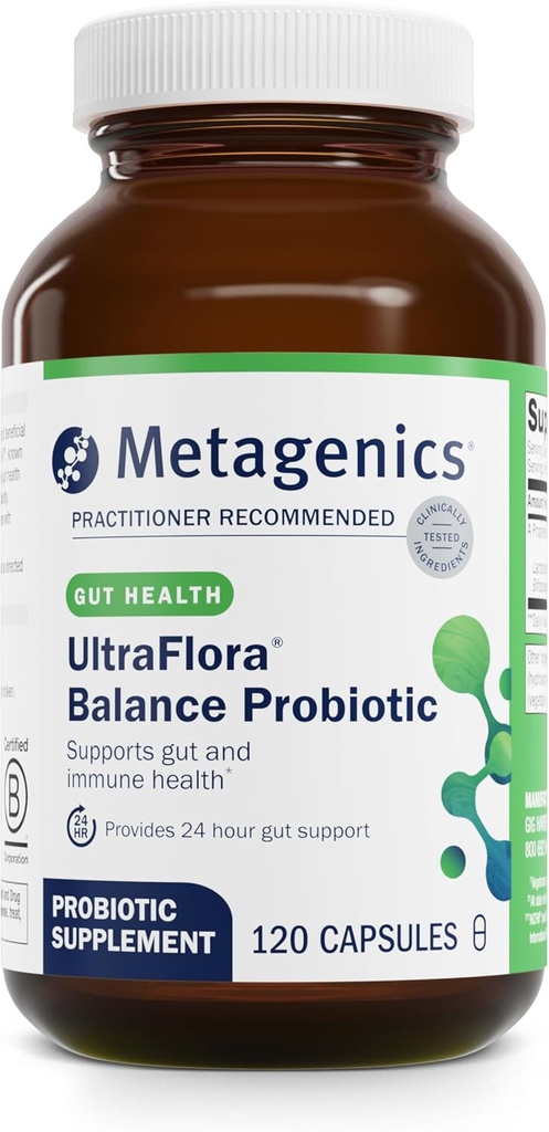 Metagenics UltraFlora Balance Probiotic - Shelf- Stable Daily Gut Health Supplement til fordøjelsesstøtte og immunforsvar * - Non-GMO & Gluten- Free - 120 kapsler