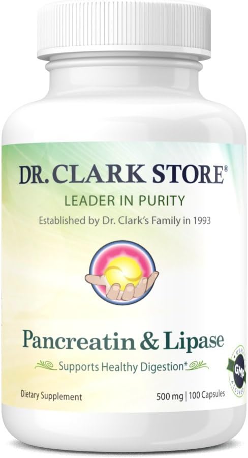Dr. Clark Pancreatin og Lipase Enzyme Supplement, 500 mg, 100 Gelatine kapsler