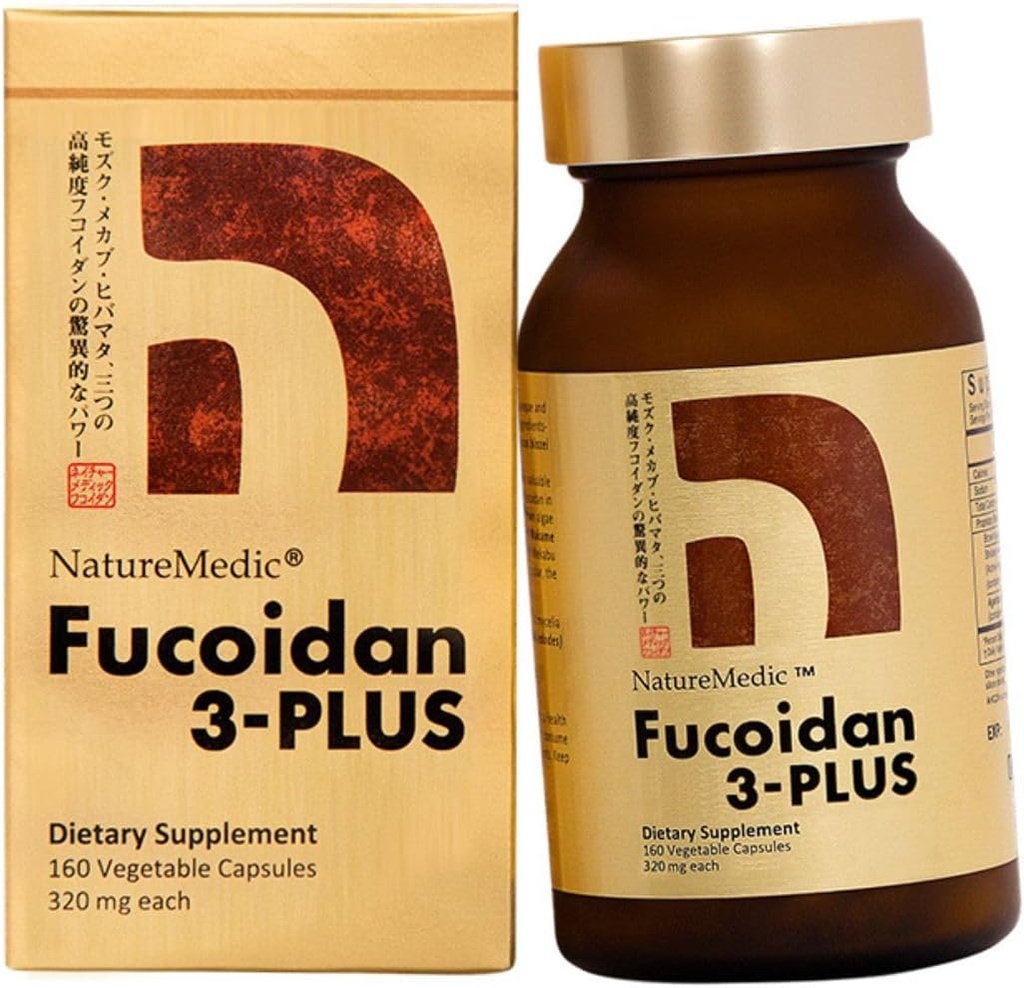 NatureMedic Fucoidan 3-Plus Brown Seaweed Immunity Supplement med tre typer af høj renhed Fucoidan Organic Mekabu Fucus Mozuku Agaricus 160 Vegetabilske kapsler Lavet i Japan (1 flaske)