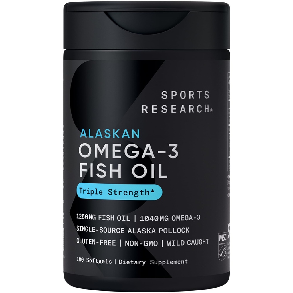 Sports Research Triple Strength Omega 3 Fish Oil - Burpless Fish Oil Supplement w / EPA & DHA Fedtsyrer fra Single- Source Wild Alaska Pollock - 1250 mg, 180 ct