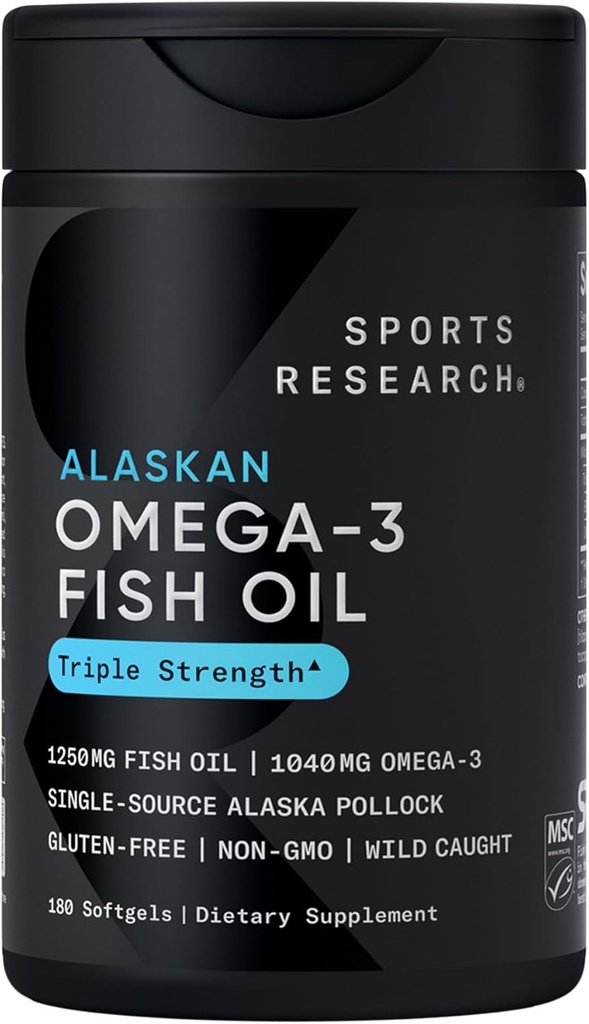 Sports Research Triple Strength Omega 3 Fish Oil - Burpless Fish Oil Supplement w / EPA & DHA Fedtsyrer fra Single- Source Wild Alaska Pollock - 1250 mg, 180 ct