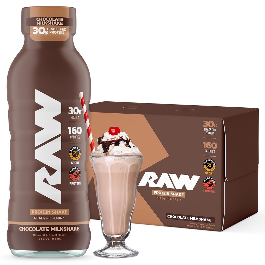 RAW Ready- to- Drink Protein Shake, Chokolade - RTD Protein Drinks with Grass- Fed Whey Protein Isolate for Post- Workout - Zero- Sugar & Gluten- Free Meal Erstatning Drink & Breakfast Shake, 12 Fl Oz
