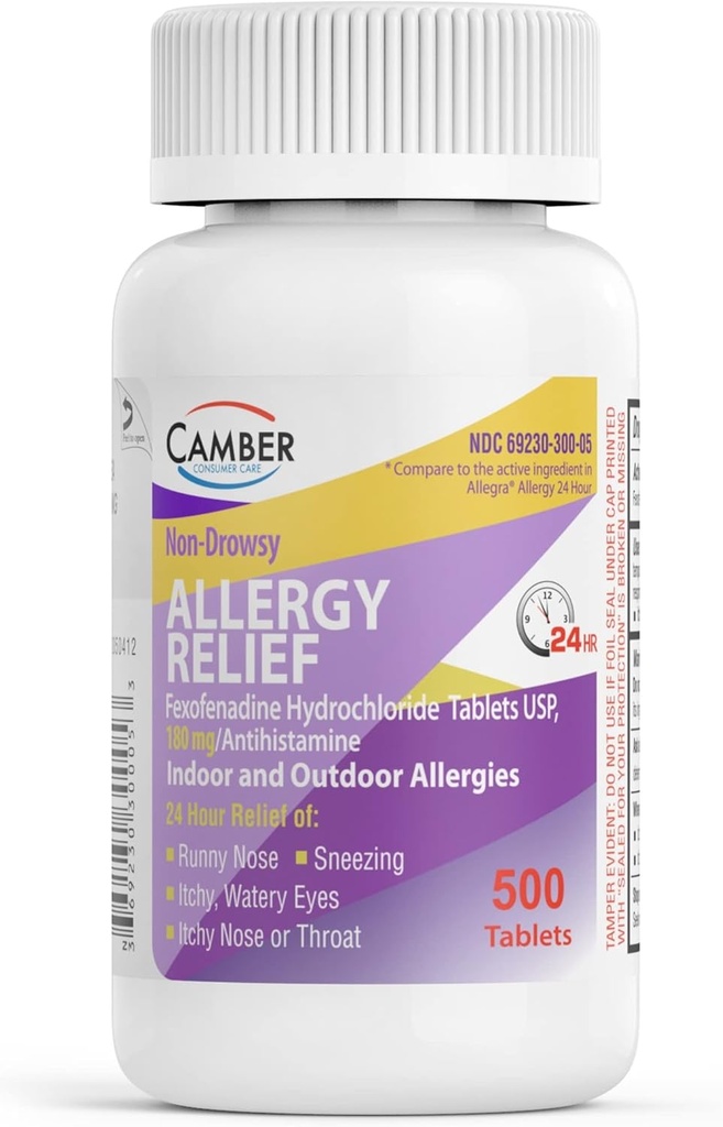 Camber 24 timer Non- Drowsy Fexofenadin Antihistamin Indendørs Allergi Relief Tablets 500 Count Family Størrelse