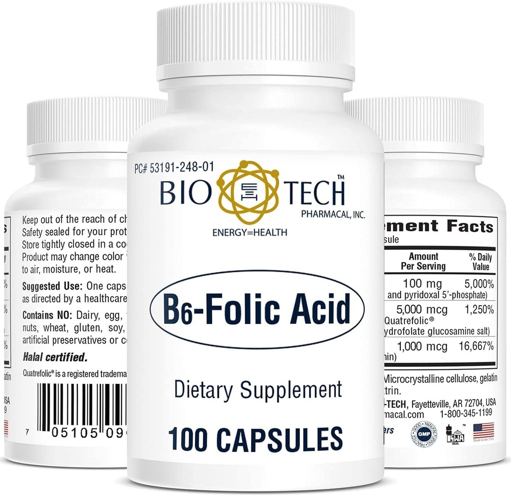 Bio- Tech Pharmacal B6 - Folinsyre, 100 kapsler - All- Natural Supplement - Understøtter cardiovaskulær, Knogler, & Nervesystemet Sundhed - Ingen Dairy, Fish, Gluten, Peanut, Shellfish, Halal, & Soy - Nej