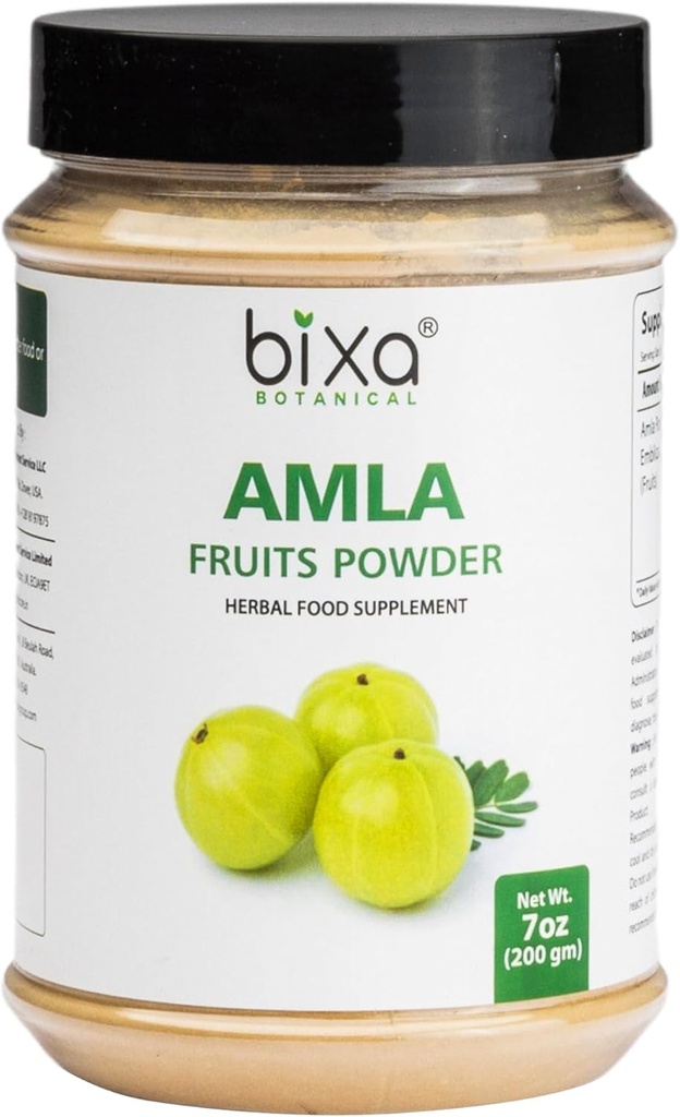 bixa BOTANITIATIC Note 124; Amalaki Amla Berries Powder Note 124; Indian Gooseberry Note 124; Rich in Natural Vitamin C Note 124; Non GMO-nummer 124; Gluten Free Memories 124; No Preservatives Memories 124; Skin Glow and Hair Strength Support Memories 124; 7 oz 200 g