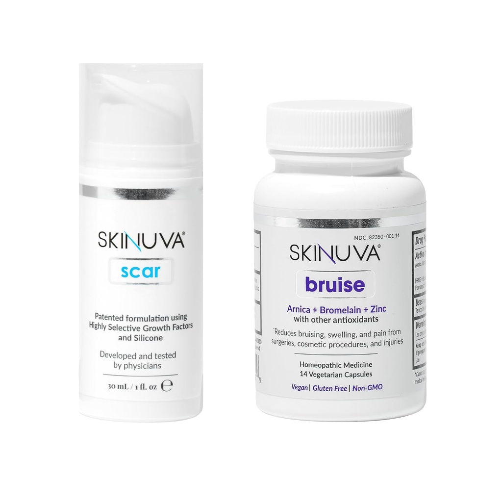 Skinuva ® Scar (1 oz) & Bruise (14 kapsler) - Advanced Silicone Cream Formuleret med vækstfaktorer & Homøopatisk Bruise Remedy Formuleret med Arnica, Bromelain & Zink