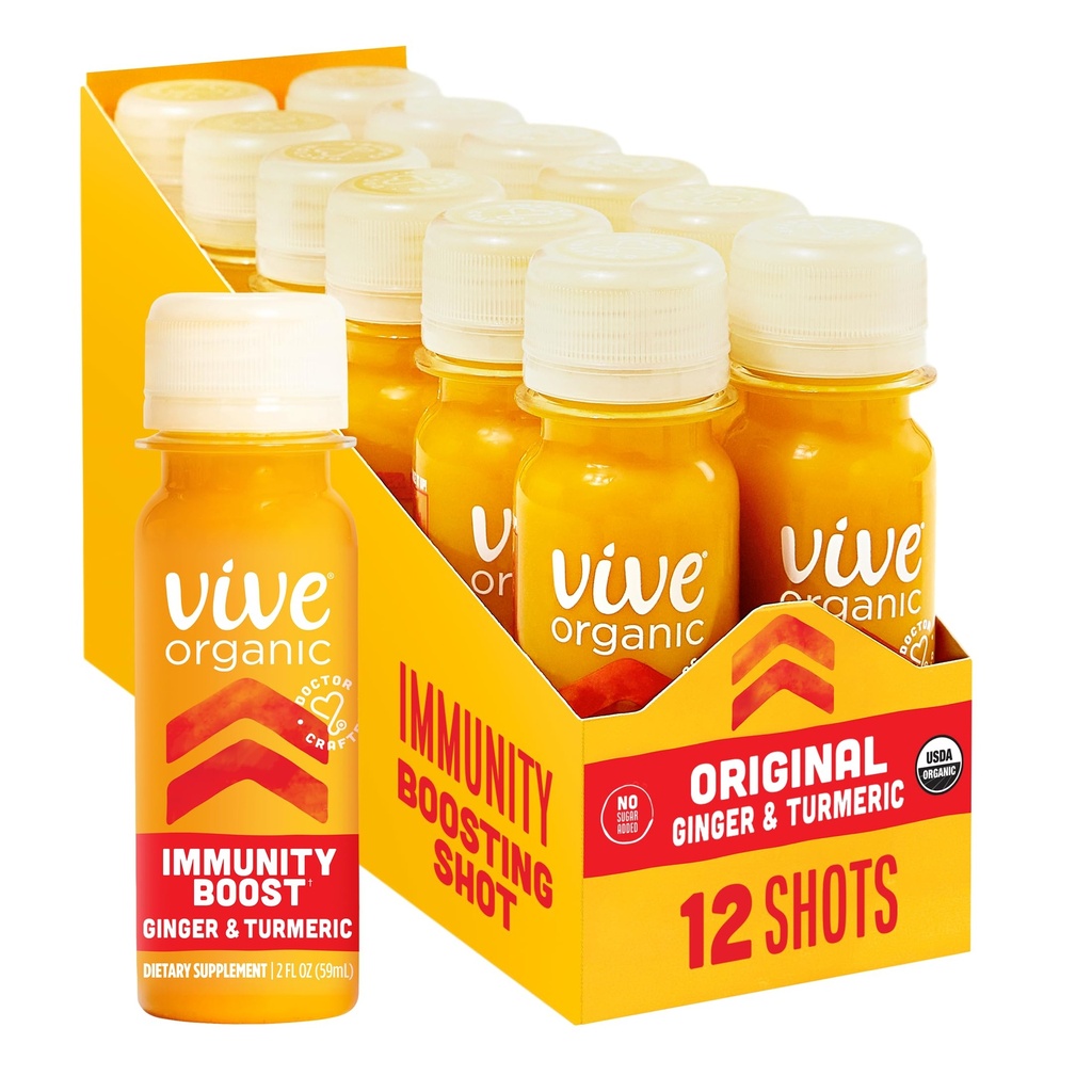 Vive Organic Immunsupport Shot, Cold- Pressed Ingefær, Gurkemeje, & Echinacea, Gluten Free, Vegan, Immunity Boost Original, 2 Fl Oz (Pack of 12)