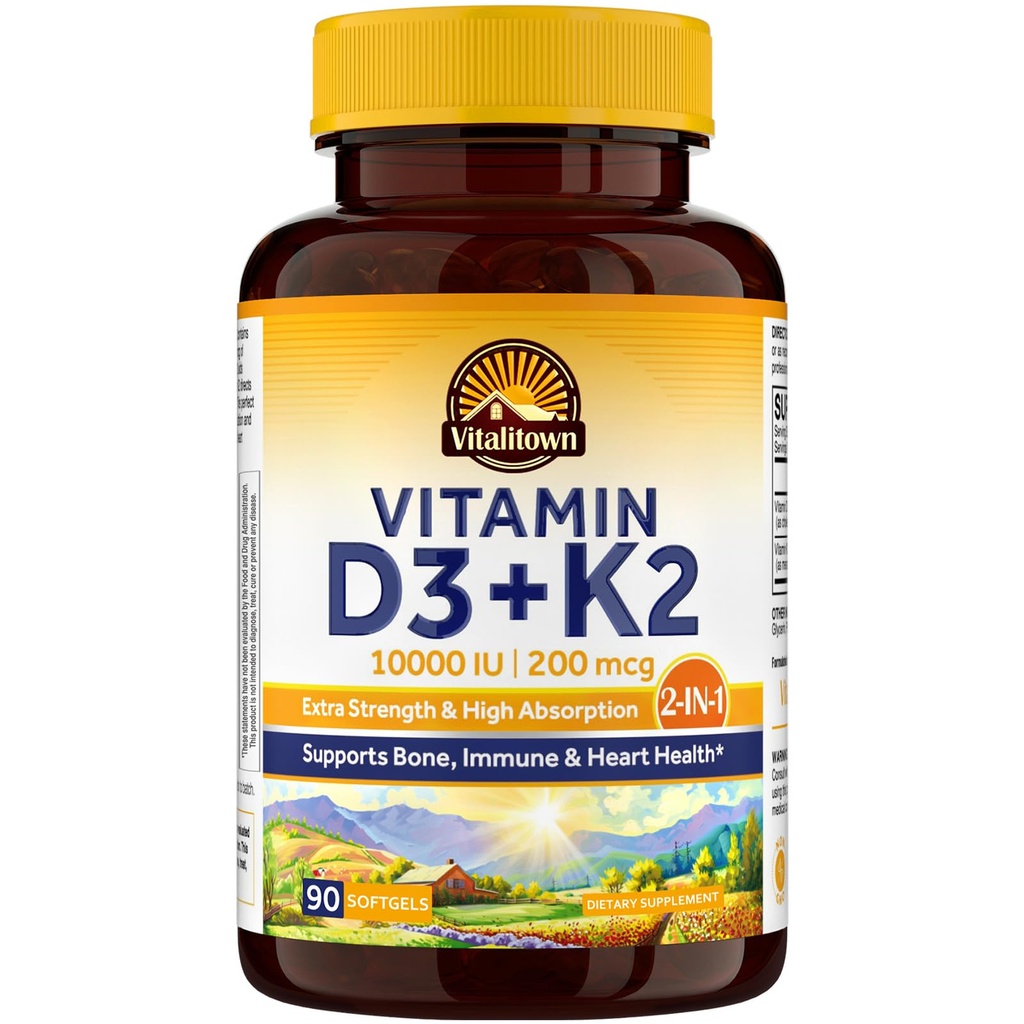 Vitalitown Vitamin D3 K2 tillæg, Vitamin D3 10000 IE Vitamin K2 (MK7) 200 mcg, 90 Softgels, Non- GMO, No Gluten & Soy, for ben, tænder, immunforsvar og hjerte sundhed