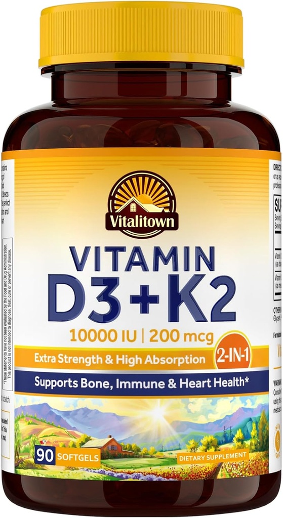 Vitalitown Vitamin D3 K2 tillæg, Vitamin D3 10000 IE Vitamin K2 (MK7) 200 mcg, 90 Softgels, Non- GMO, No Gluten & Soy, for ben, tænder, immunforsvar og hjerte sundhed