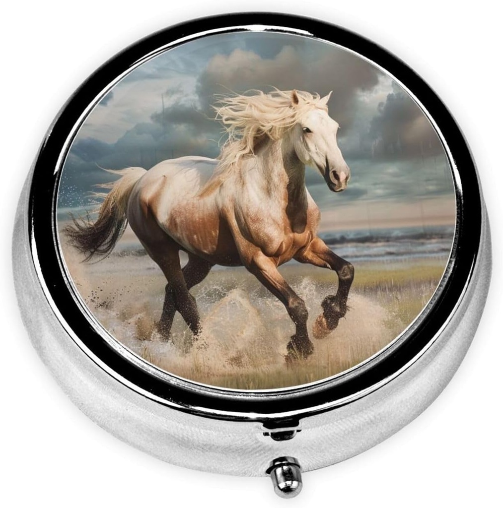 Horse Printed Round Pill Organizer med 3 afdelinger, Portable Mini Pill Box Pill Case for Medicine, Vitamin, Fiskeolie, Kosttilskud