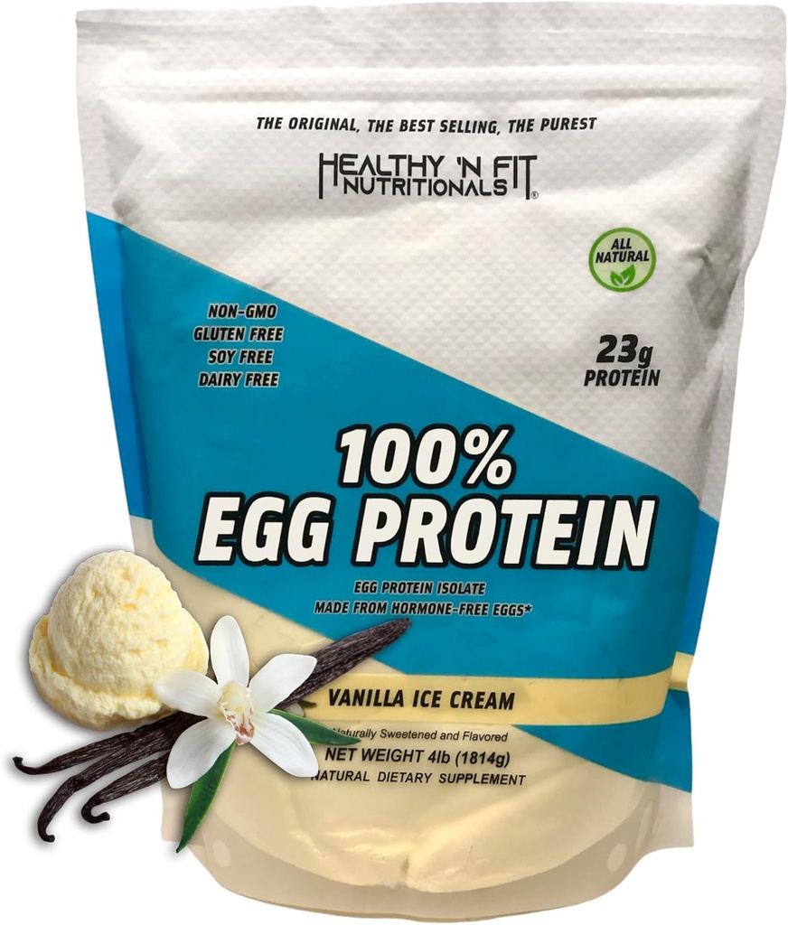 Healthy 'N Fit 100% Egg Protein- Vanilla (4lb): 100% Egg White Protein Plus Natural Peptides.-Naturally Sweetened, Pure, Keto, Paleo Friendly