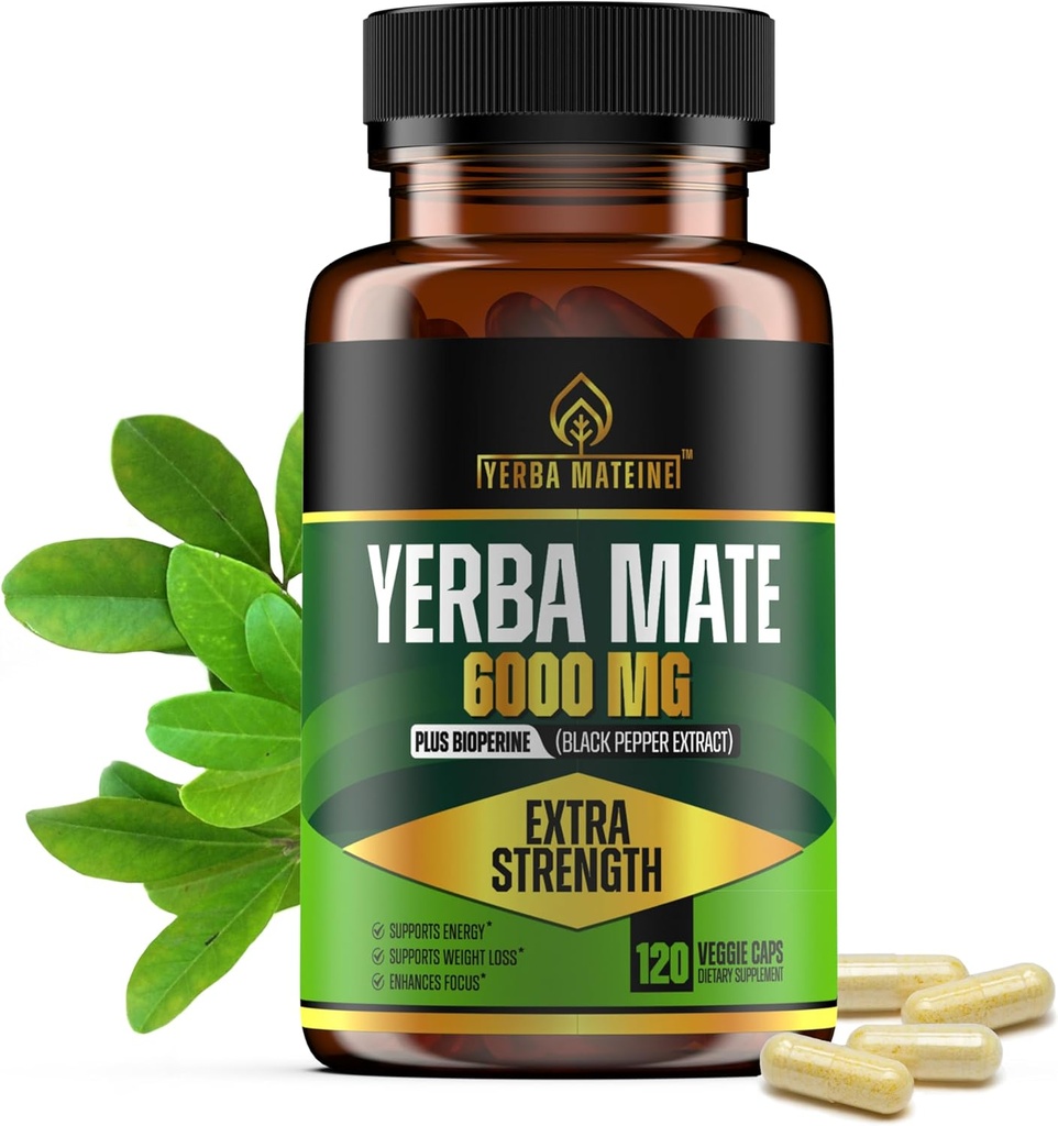 6000mg Extra Strength Yerba Mate High Potency, 60mg Koffein Per Capsule, Extract Pills Kosttilskud til ren naturlig energi, Forbedret fokus, koncentration, Nootropics, Lavet i USA - 120 Caps