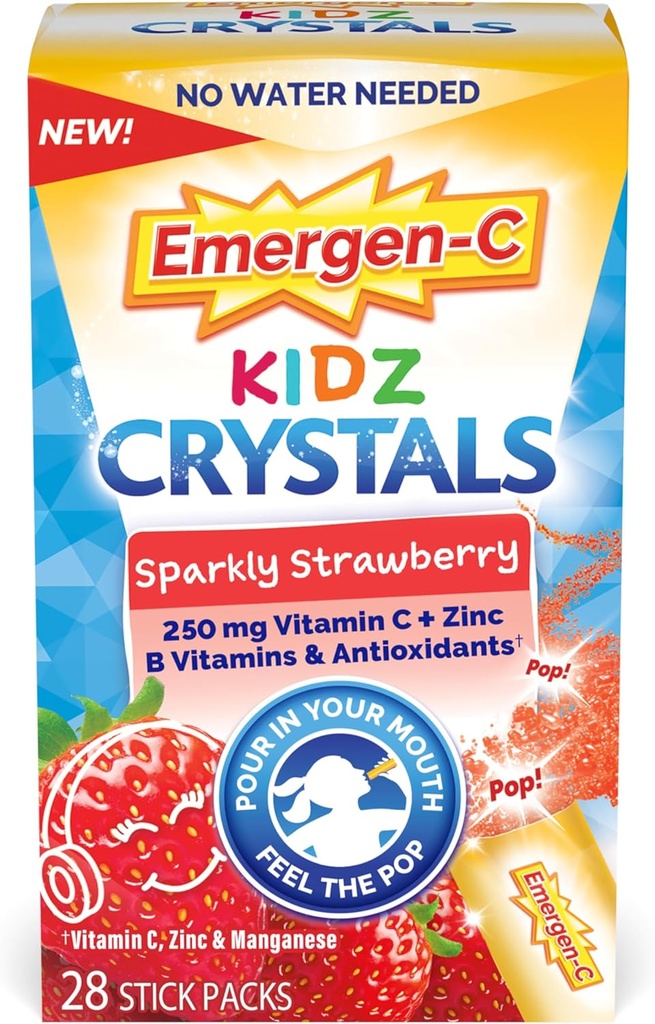 Emergen- C Kidz krystaller, On- The- Go immunforsvar supplement med C-vitamin, B-vitaminer, zink og mangan, Sparkly Strawberry - 28 Stick Packs