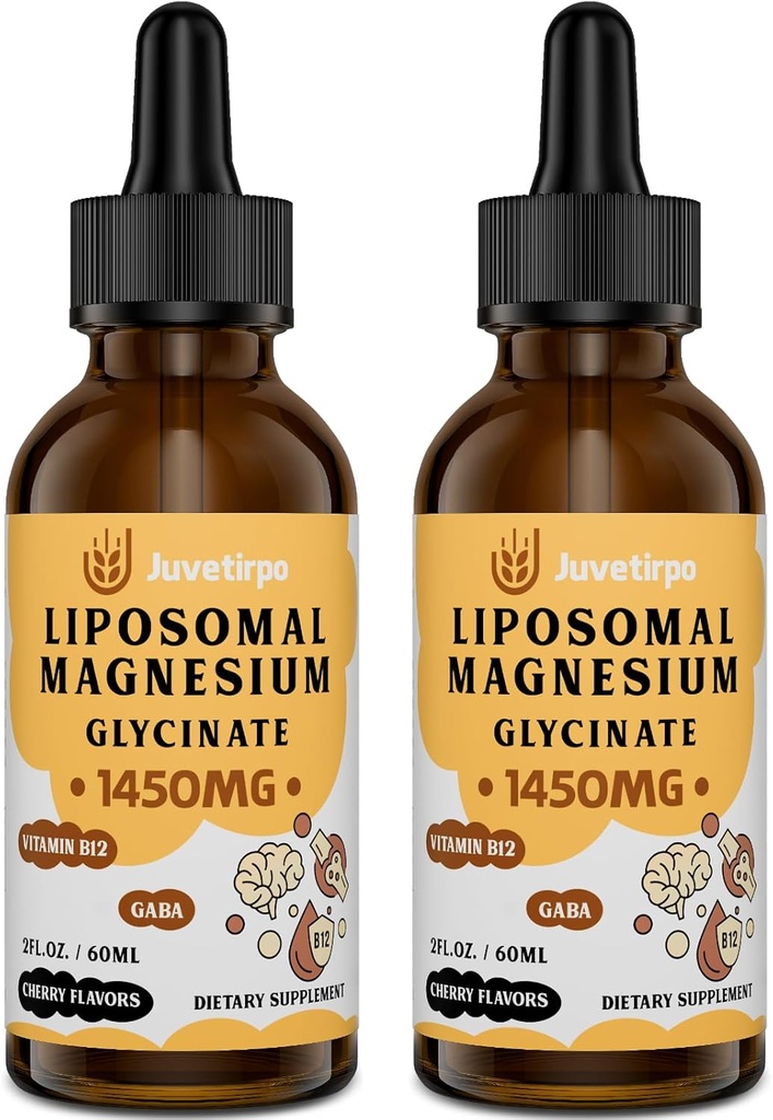 Magnesium Glycinate Liquid Drops - Liposomal Chelat med Cherry Flavor for Easy Absorption, Promodes Sleep, Mood, Intestinal & Bone Health, Reducerer stress - 60ML (2,04 Fl Oz (pakke med 2))