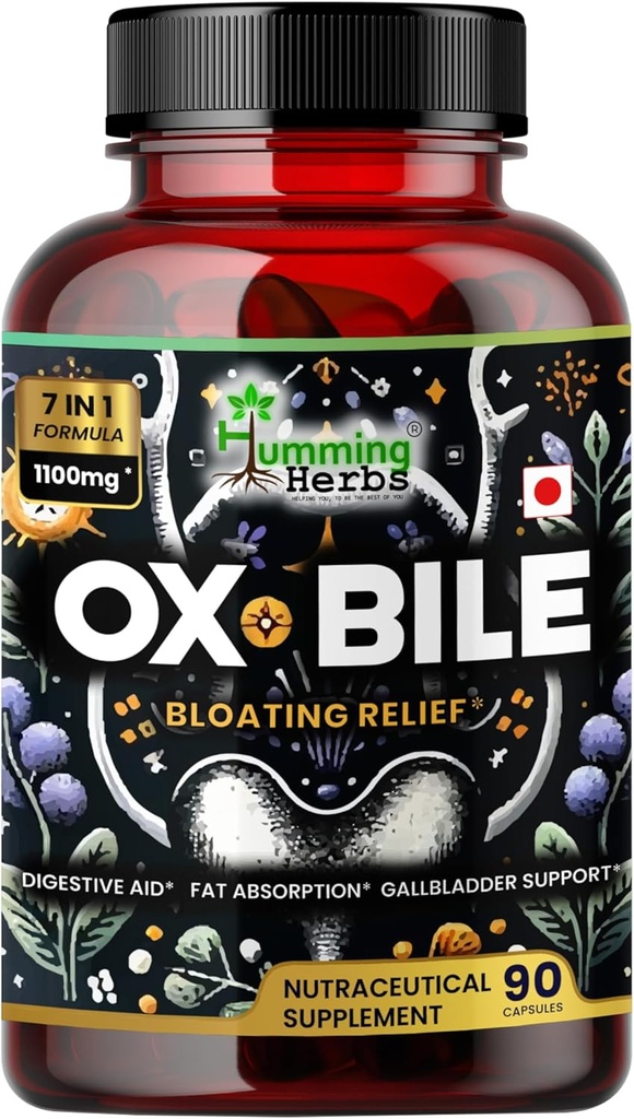 Humming urter Ox Bile med fordøjelsesenzymer & Pre / Probiotika 90 Veg Caps Cholic Acid, Inulin, betain HCl, pebermynte, Bromelain Sund fordøjelse & Nutrient Absorption - Bile Salts Supplement