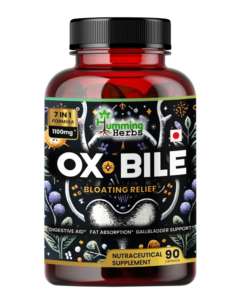 Humming urter Ox Bile med fordøjelsesenzymer & Pre / Probiotika 90 Veg Caps Cholic Acid, Inulin, betain HCl, pebermynte, Bromelain Sund fordøjelse & Nutrient Absorption - Bile Salts Supplement