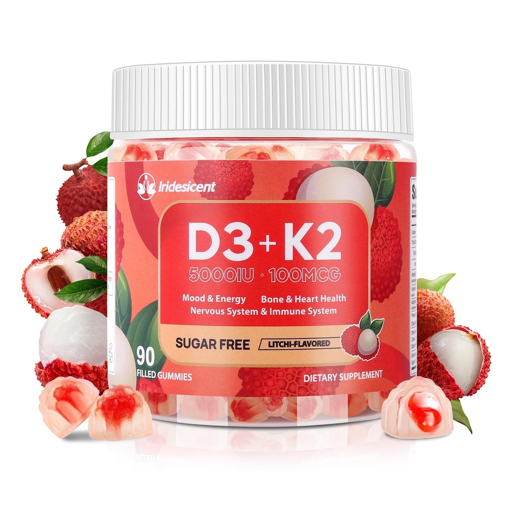 Vitamin D3 K2 Gummies w / Magnesium Sugar Free - 90 Count Name 124; D3 Vitamin 5000 IE + K2 (MK- 7) 100 mcg - Vegan K2 D3 Vitamin Supplement, stærkt Absorbent Supports Bone, Muscle, Mood & Immun (Lychee Flavor)