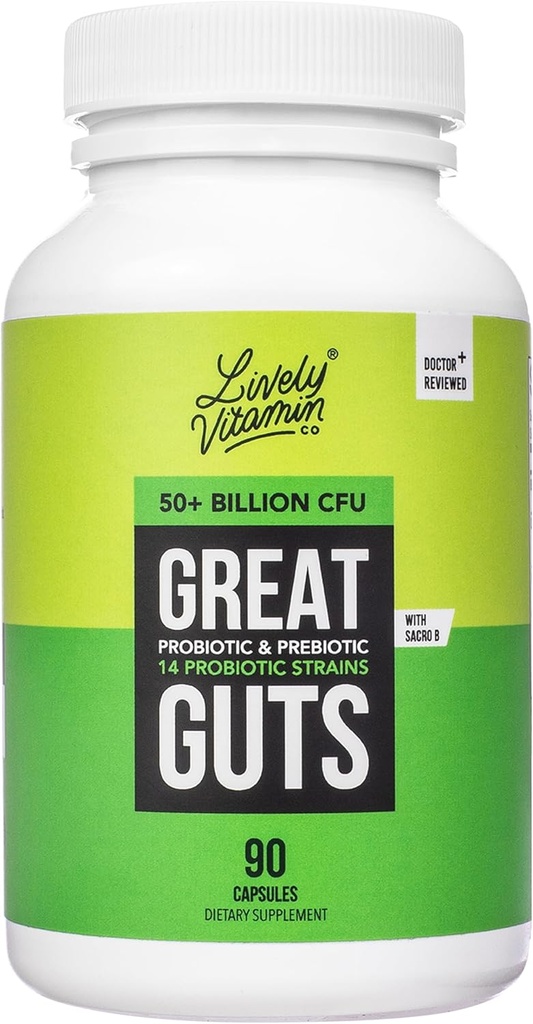 LIVELY VITAMIN CO. Great Guts Probiotic 50 Millioner CFU Probiotic - Balance Gut Microbiome, GI Tract, Betændelse, fordøjelsesbesvær, Reflux, Opsat Mave, & Diarré - 90 Caps