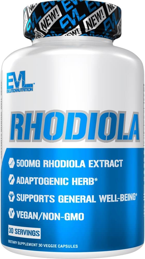 Urteadaptogen Rhodiola Rosea Capsules - 500 mg Rhodiola supplement til Focus Energy and Mood Support - EVL Calming Stress supplement med Brain Focus Vitaminer for voksne - 30 Veganske kapsler