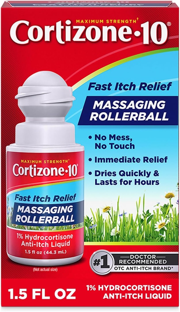 Cortison-10 Maksimal styrke Itch Relief Massage Rollerball, 1% Hydrocortison, Fast- Action- Action-, Anti- Itch Væske til Bug Bites, Udslæt, Eksem, Psoriasis, Poison Ivy, Oak, Sumac, 1,5 fl. oz