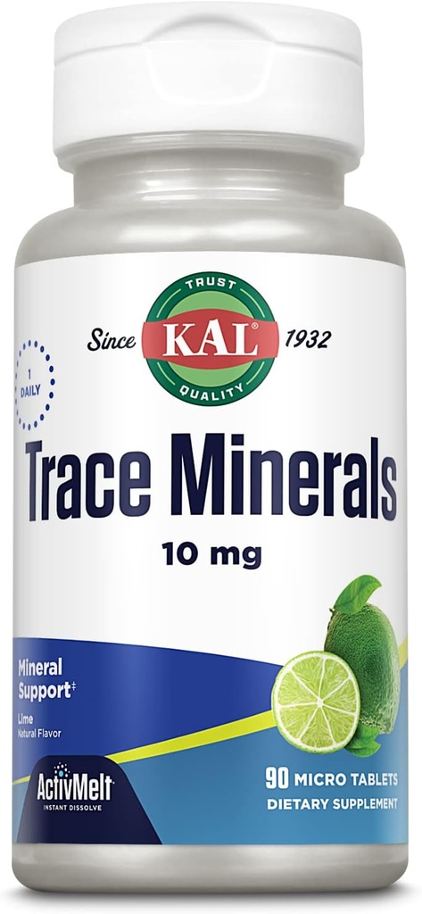 KAL Trace Minerals, 10 mg Mineral Kosttilskud, Natural Lime Flavor Trace Minerals Kosttilskud, Instant Opløs ActivMelt Tablets for Optimal Trace Mineral Absorption, 90 Servere, 90 Micro Tablets