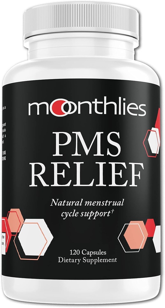 Moonthlies PMS Relief supplement til kvinder menstruationscyklus support - Naturlig balance Mood Swings, Periode kramper, Bloating, Træthed, vandretention, PMDD, Perimenopause (60 dages forsyning 120 kapsler)