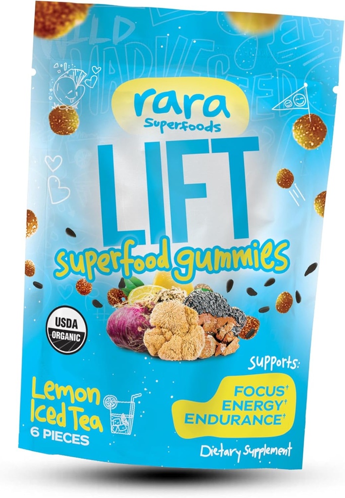 LIFT Focus USDA Organic Certified Gummies - Natural Brain Support Supplement, Vegan & Gluten- Free, Infunded with Yerba Mate, Lions Mane, Wild Purple Maca & Chaga (6 Gummies per Bag, LIFT)